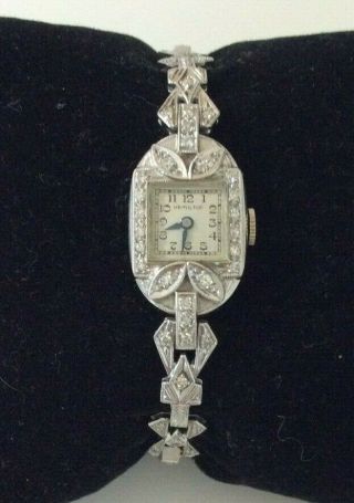 Vintage Deco Hamilton Platinum and Diamond Ladies Cocktail Wrist Watch 25 grams 2