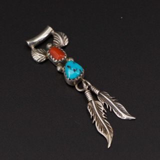 Vtg Sterling Silver - Navajo Turquoise Coral Dangle Feather Slider Pendant - 3g