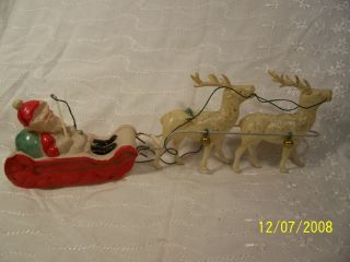 Vintage Plastic Santa On Sleigh With Reindeer