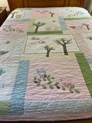 Vintage Hand Crafted Applique Hayley Trees & Owl Quilt Pottery Barn 70 " X 86 "