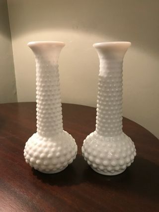 Vintage E.  O.  Brody M - 2000 Milk Glass 7 1/2 " Hobnail White Bud Vase Set Of 2