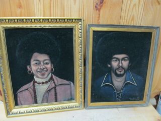2 1970s Vintage Black Velvet Portrait Paintings Afro African American Disco