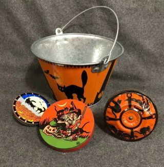Vintage Halloween And Bucket,  2 Noisemakers,  1 Gotham Rattler
