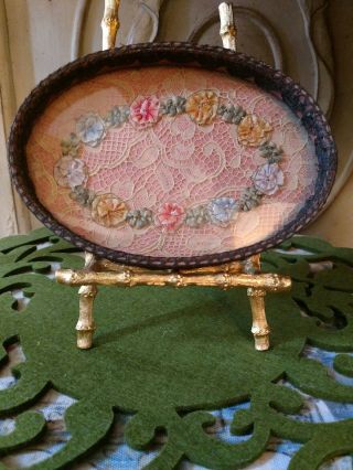 Antique French Silk Ribbon Metallic Lace Vanity Perfume Oval Tray Rare