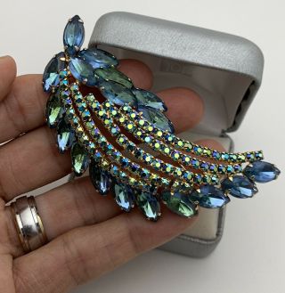 High End Vintage Jewelry Blue Leaf Brooch Pin Rhinestone
