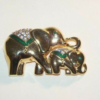 Vintage Brooch Pin Signed Monet Elephants Big Gold Tone Jewelry