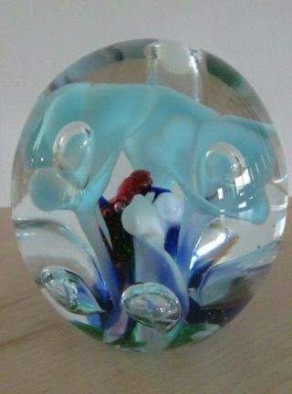 Vintage Hand Blown Blue Trumpet Flowers Controlled Bubble Art Glass Paperweight
