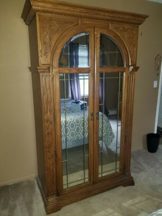 Oak Armoire Wardrobe - Magnificently Crafted Solid Oak W/ Leaded Mirror Front.