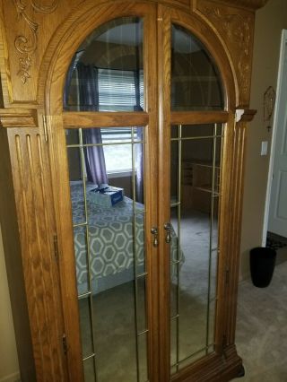 Oak Armoire Wardrobe - Magnificently Crafted Solid Oak w/ Leaded Mirror Front. 2
