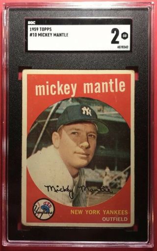 1959 Topps 10 Mickey Mantle Sgc 2 Good - Nicely Centered - York Yankees Hof