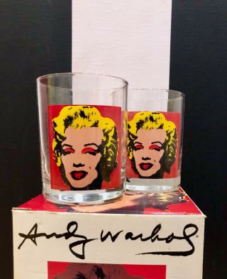 Vintage 2 Andy Warhol Marilyn Monroe Double Old Fashion Red Glasses Block China