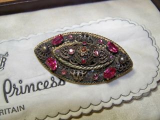 Vintage Czech Filigree Art Deco Jewellery Pink Sapphire Rhinestone Brooch Pin