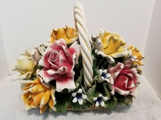 Capodimonte Flower Basket W/handle Vintage Centerpiece Made In Italy Large 17 "