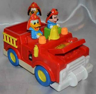 Disney Mickey Mouse Roller Fire Truck With Donald Duck Pluto Fit In Shapes Vtg