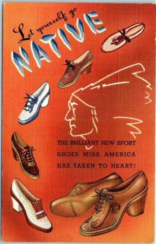 Vintage 1940s Linen Advertising Postcard Natives Shoes Indian Native Americana