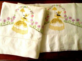Hand Embroidered Pillowcases,  Southern Belle,  Crinoline Lady,  Vintage