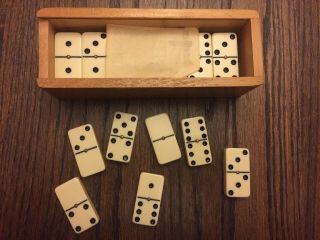 Vintage 2 " Double Six Dominos Set Of 28 In Wooden Box With Spinners