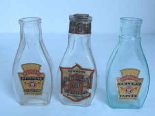 3 Antique Heinz Scarce Bottles Celery Sauce Girkins & Cauliflower Pat.  1887