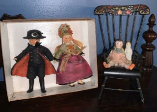 Antique German Doll House Dolls Felt Clothing & Miniature Rocking Chair Jointed