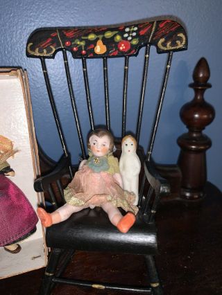 Antique German Doll House Dolls Felt Clothing & Miniature Rocking Chair Jointed 2