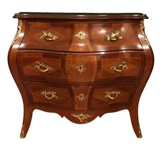 French Louis Xv Style Bombe Marble Top Chest Commode Inlays Brass Ormolu Italy 1
