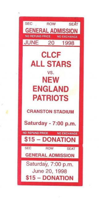 England Patriots Nfl Ticket Vs Clcf All - Stars (cranston,  Ri) June 20th,  1998