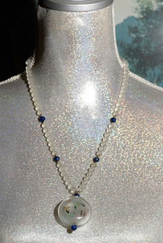 Chinese Reverse Painted Pendant Lapis Lazuli Moonstone/quartz Beads Necklace 14k