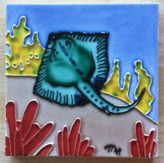 Vintage Green Stingray Coral Reef Ocean Sea Life 4” Ceramic Art Tile