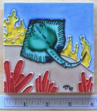 Vintage Green Stingray Coral Reef Ocean Sea Life 4” Ceramic Art Tile 2