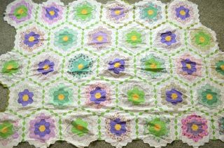 Vintage Quilt Top Unfinished Handmade Hand Stitched Grandmas Flower Garden