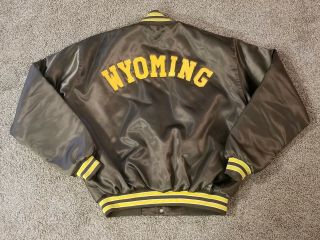 Vtg 70s 80s Wyoming Cowboys Jacket W/ Pistol Pete Logo Large Brown Satin Quilt