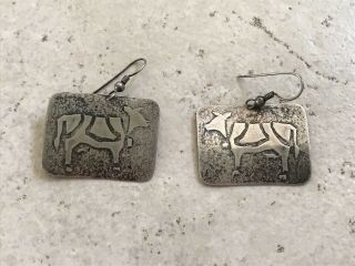 Vintage 925 Sterling Silver Southwest Cow Hook Earrings With Patina