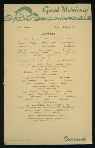1960 Rms Ivernia Breakfast Menu - Cunard Line