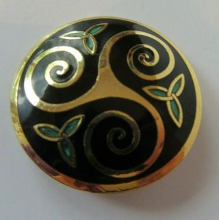 Vintage Signed Celtic Sea Gems Blue Enamel With Green Gold Tone Brooch Round Pin