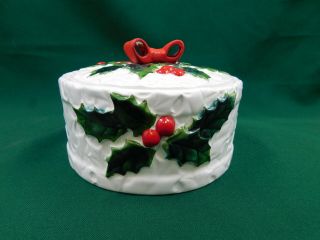 Vintage Lefton White Christmas Holly Berry 6 " Candy Dish W/lid Sticker