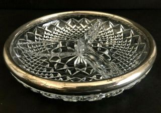 Vintage Heavy Lead Crystal Divided Bowl With Silver Plated Rim 8.  5 " Diameter