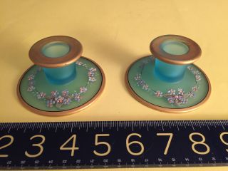 Antique Hand Painted Blue Glass Dressing Table Vanity Candlesticks Set