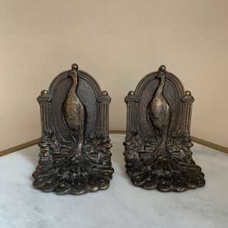 Vintage Art Deco Antique Cast Iron Peacock Bookends Study Office 5 1/2” Tall