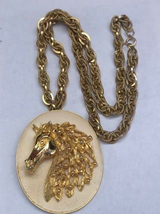 Vintage Signed Pauline Rader Goldtone Enamel Horse Pendant Necklace 26 1/2 "