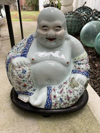 Large Old Chinese Famille Rose Porcelain Happy Buddha Figure Marked W/stand