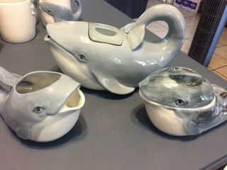 Vintage Henriksen Imports Inc Blue Whale Porcelain Tea Pot & Sugar And Creamer