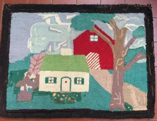 Hand Hooked Antique Vintage Wool Rug Primitive Country Farm House Cheerful
