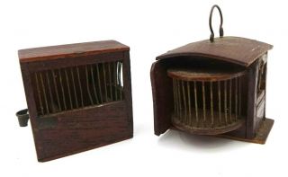 2 Very Rare Antique Miniature,  Mini,  Queen Bee Wooden Hive Cages Early 19th Cent