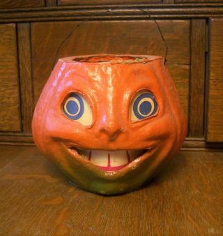 Antique Vtg Papier/paper Mache Halloween Pumpkin Jack - O - Lantern With Insert