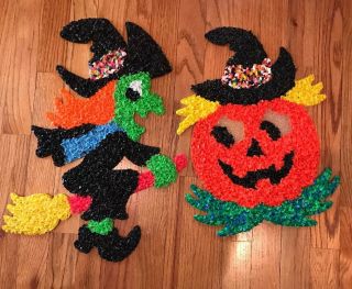2 Vintage Halloween Melted Popcorn Plastic Decorations Witch & Pumpkin