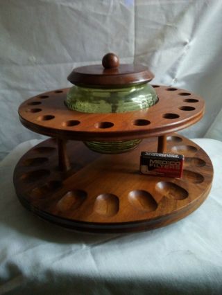 Vintage Walnut Wood Rotating 18 Pipe Holder Rack With Humidor Decatur Industries