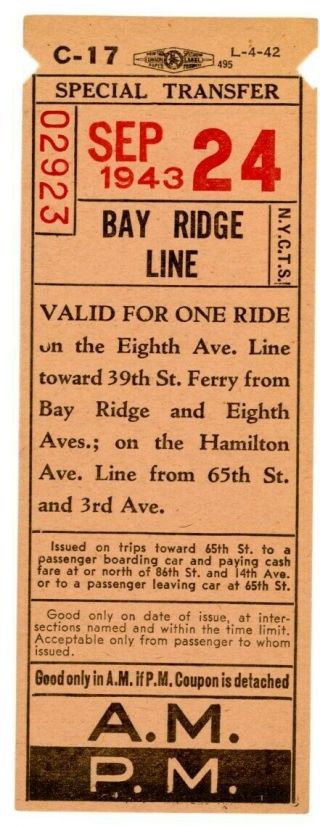 Brooklyn Nyc Ny - Bay Ridge Line - 39th Street Ferry - 1943 Bus Transfer Ticket