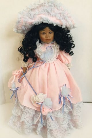 Vtg 19” African American Black Victorian Porcelain Doll W/parasol
