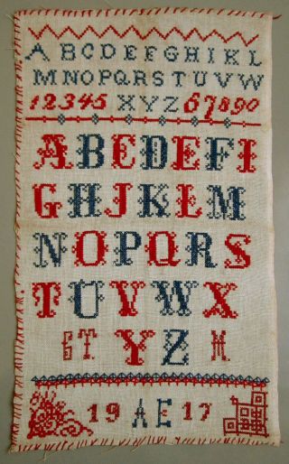 1917 Antique Red & Blue Alphabet Cross Stitch Sampler Needlework Embroidery