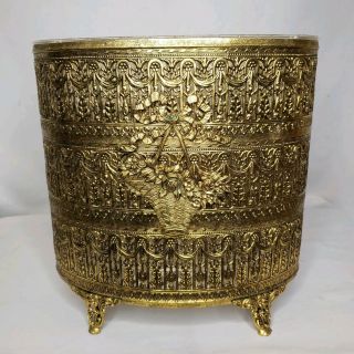 Vintage Gold Tone Oval Ornate Metal Bathroom Waste Basket Trash Can With Flowers